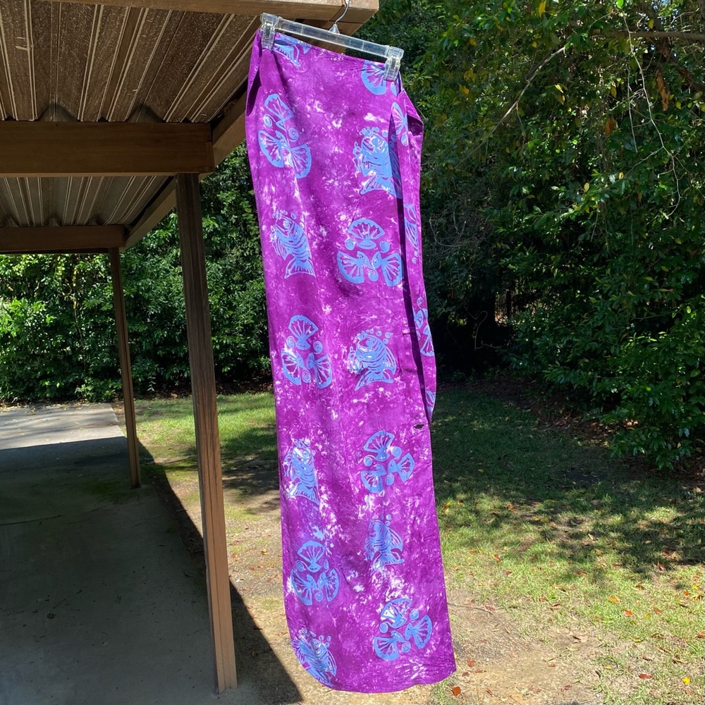Wrap skirt in purple tie dye with fish & shell print in cotton beach coverup